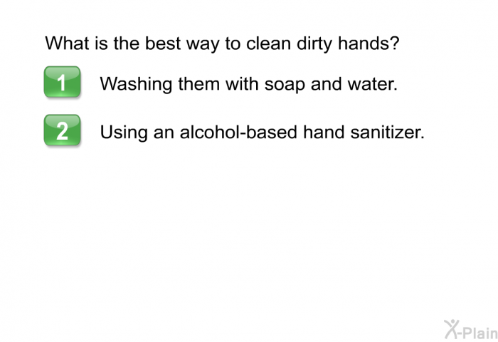 What is the best way to clean dirty hands?  Washing them with soap and water. Using an alcohol-based hand sanitizer.