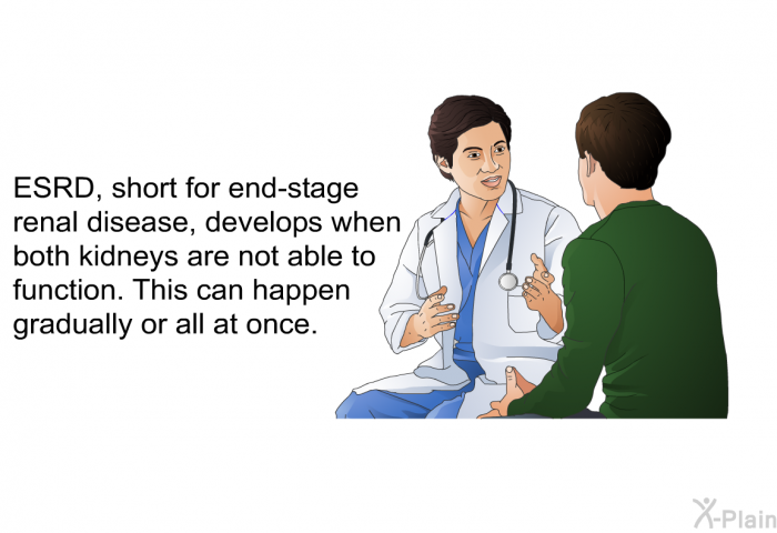 ESRD, short for end-stage renal disease, develops when both kidneys are not able to function. This can happen gradually or all at once.