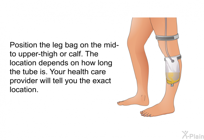 Position the leg bag on the mid- to upper-thigh or calf. The location depends on how long the tube is. Your health care provider will tell you the exact location.
