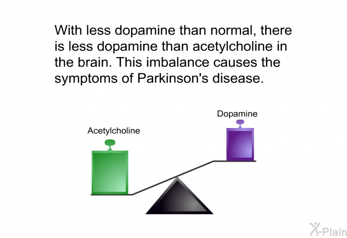 With less dopamine than normal, there is less dopamine than acetylcholine in the brain. This imbalance causes the symptoms of Parkinson's disease.