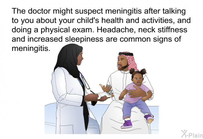 The doctor might suspect meningitis after talking to you about your child's health and activities, and doing a physical exam. Headache, neck stiffness and increased sleepiness are common signs of meningitis.