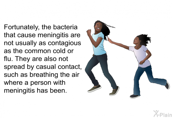 Fortunately, the bacteria that cause meningitis are not usually as contagious as the common cold or flu. They are also not spread by casual contact, such as breathing the air where a person with meningitis has been.