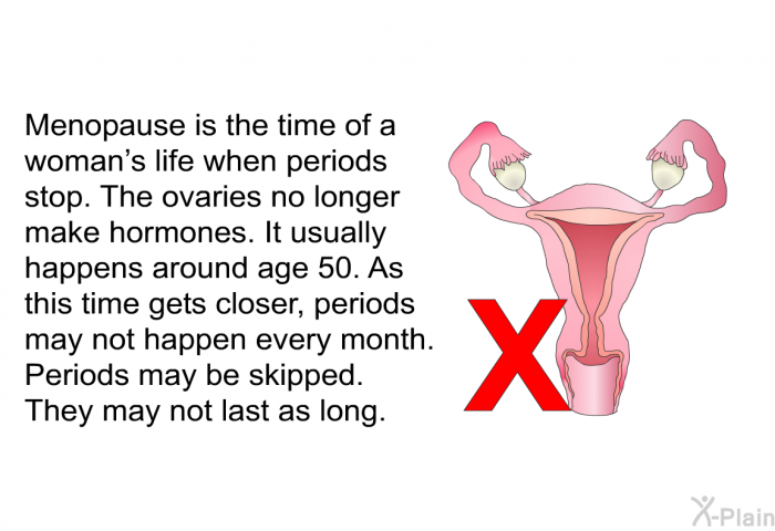 Menopause is the time of a woman's life when periods stop. The ovaries no longer make hormones. It usually happens around age 50. As this time gets closer, periods may not happen every month. Periods may be skipped. They may not last as long.