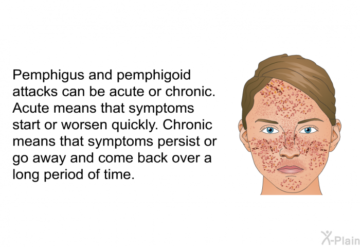 Pemphigus and pemphigoid attacks can be acute or chronic. Acute means that symptoms start or worsen quickly. Chronic means that symptoms persist or go away and come back over a long period of time.