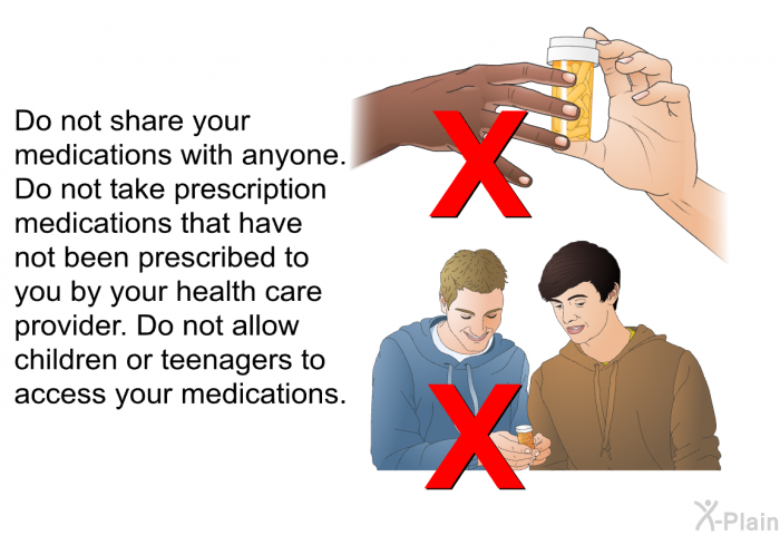 Do not share your medications with anyone. Do not take prescription medications that have not been prescribed to you by your health care provider. Do not allow children or teenagers to access your medications.