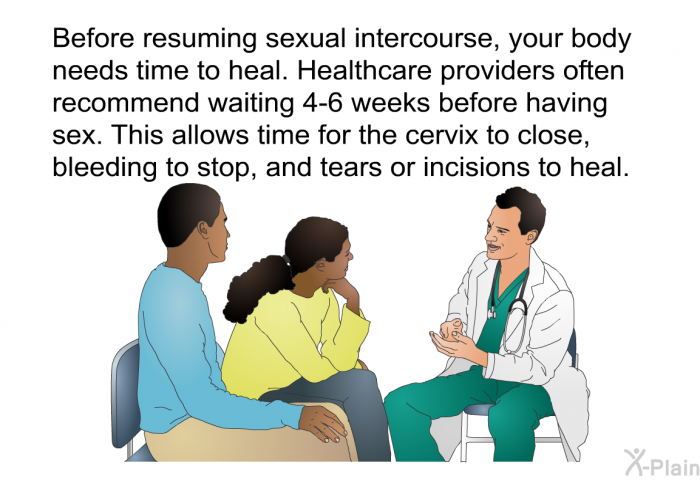 Before resuming sexual intercourse, your body needs time to heal. Healthcare providers often recommend waiting 4-6 weeks before having sex. This allows time for the cervix to close, bleeding to stop, and tears or incisions to heal.