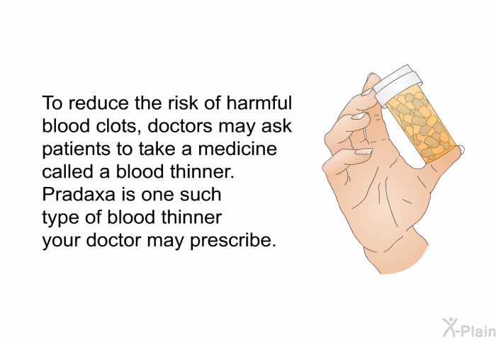 To reduce the risk of harmful blood clots, doctors may ask patients to take a medicine called a blood thinner. Pradaxa is one such type of blood thinner your doctor may prescribe.