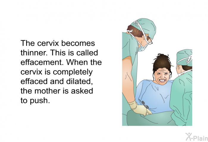 The cervix becomes thinner. This is called effacement. When the cervix is completely effaced and dilated, the mother is asked to push.