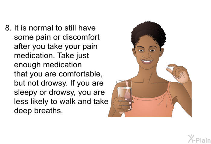 It is normal to still have some pain or discomfort after you take your pain medication. Take just enough medication that you are comfortable, but not drowsy. If you are sleepy or drowsy, you are less likely to walk and take deep breaths.