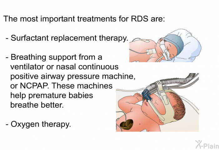 The most important treatments for RDS are:  Surfactant replacement therapy. Breathing support from a ventilator or nasal continuous positive airway pressure machine, or NCPAP. These machines help premature babies breathe better. Oxygen therapy.