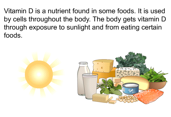 Vitamin D is a nutrient found in some foods. It is used by cells throughout the body. The body gets vitamin D through exposure to sunlight and from eating certain foods.