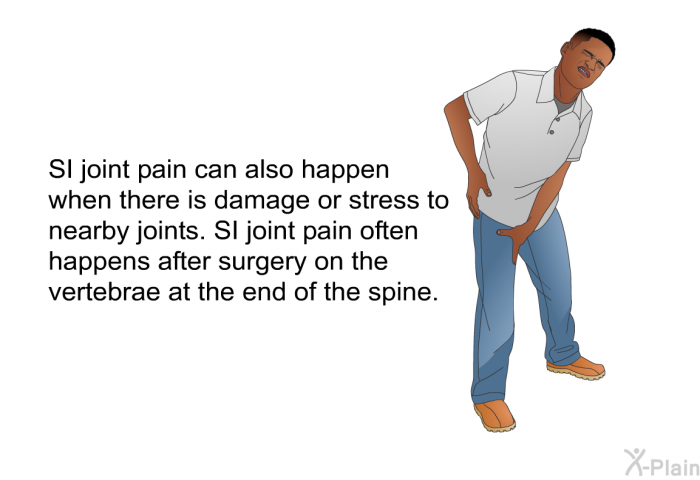 SI joint pain can also happen when there is damage or stress to nearby joints. SI joint pain often happens after surgery on the vertebrae at the end of the spine.