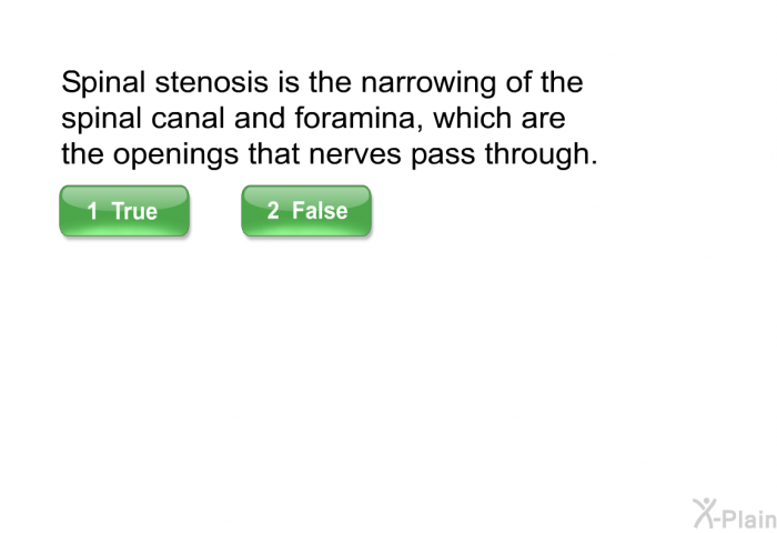 Spinal stenosis is the narrowing of the spinal canal and foramina, which are the openings that nerves pass through.