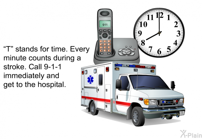 “T” stands for time. Every minute counts during a stroke. Call 9-1-1 immediately and get to the hospital.