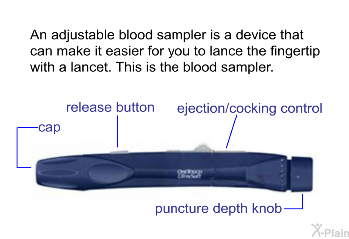 An adjustable blood sampler is a device that can make it easier for you to lance the fingertip with a lancet. This is the blood sampler. This is the cap; the ejection/cocking control, release button, puncture depth knob.