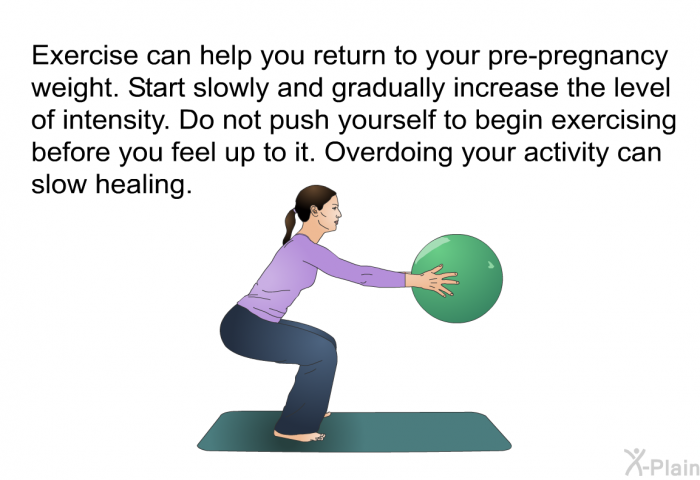 Exercise can help you return to your pre-pregnancy weight. Start slowly and gradually increase the level of intensity. Do not push yourself to begin exercising before you feel up to it. Overdoing your activity can slow healing.