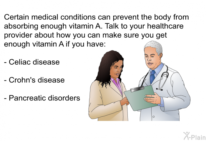 Certain medical conditions can prevent the body from absorbing enough vitamin A. Talk to your healthcare provider about how you can make sure you get enough vitamin A if you have:  Celiac disease Crohn's disease Pancreatic disorders