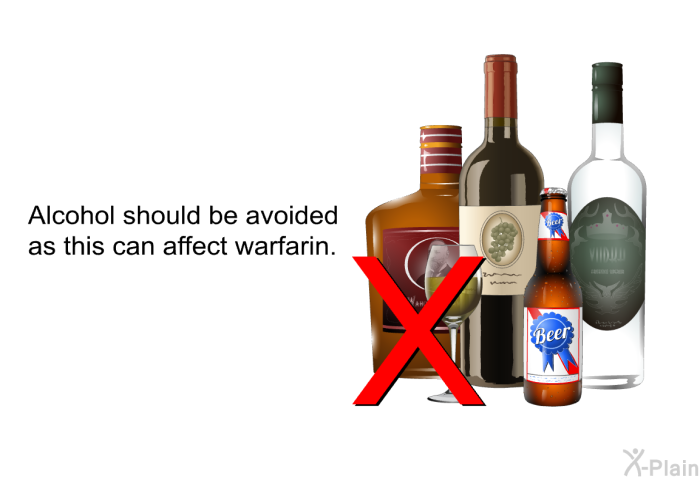 Alcohol should be avoided as this can affect warfarin.