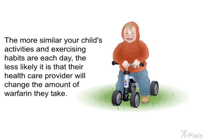 The more similar your child's activities and exercising habits are each day, the less likely it is that their health care provider will change the amount of warfarin they take.