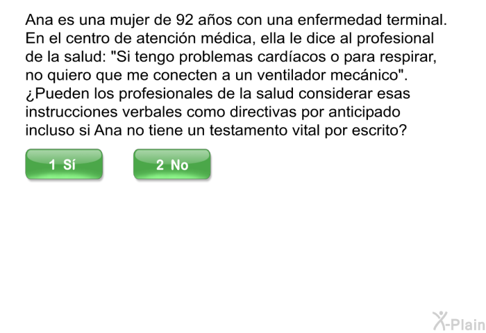 Ana es una mujer de 92 aos con una enfermedad terminal. En el centro de atencin mdica, ella le dice al profesional de la salud: “Si tengo problemas cardacos o para respirar, no quiero que me conecten a un ventilador mecnico”. ¿Pueden los profesionales de la salud considerar esas instrucciones verbales como directivas por anticipado incluso si Ana no tiene un testamento vital por escrito?