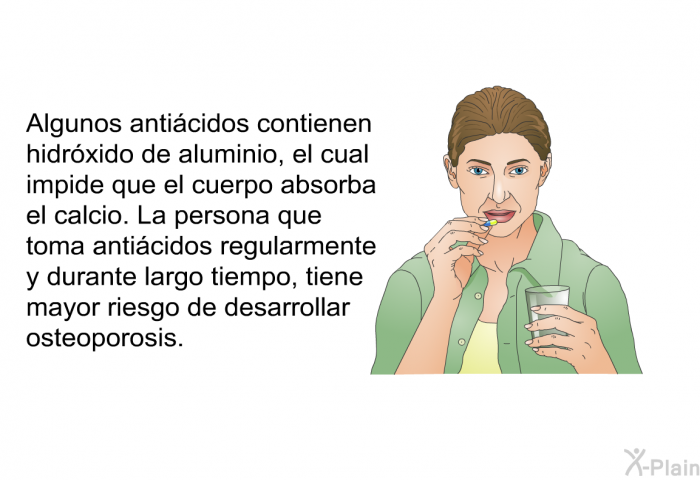 Algunos anticidos contienen hidrxido de aluminio, el cual impide que el cuerpo absorba el calcio. La persona que toma anticidos regularmente y durante largo tiempo, tiene mayor riesgo de desarrollar osteoporosis.