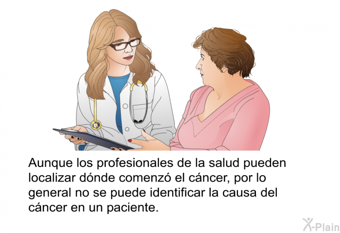 Aunque los profesionales de la salud pueden localizar dnde comenz el cncer, por lo general no se puede identificar la causa del cncer en un paciente.