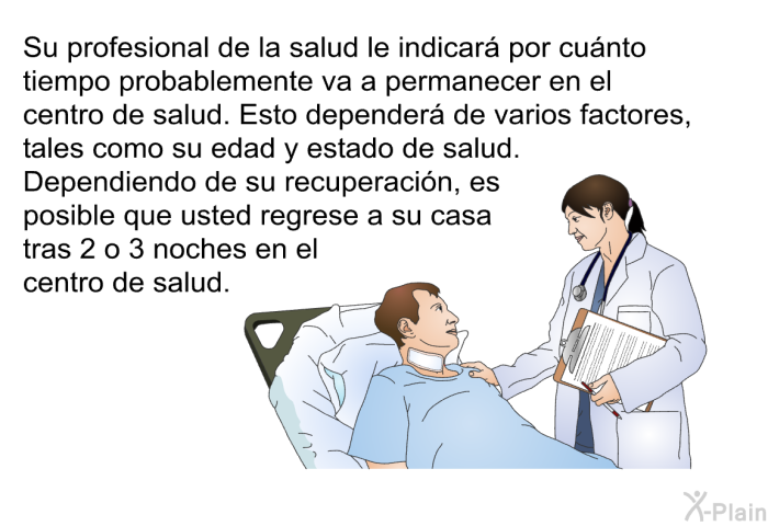 Su profesional de la salud le indicar� por cu�nto tiempo probablemente va a permanecer en el centro de salud. Esto depender� de varios factores, tales como su edad y estado de salud. Dependiendo de su recuperaci�n, es posible que usted regrese a su casa tras 2 o 3 noches en el centro de salud.