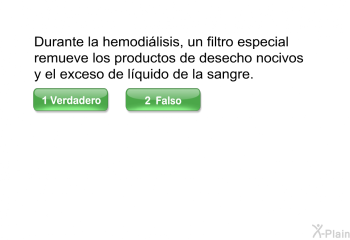 Durante la hemodilisis, un filtro especial remueve los productos de desecho nocivos y el exceso de lquido de la sangre.