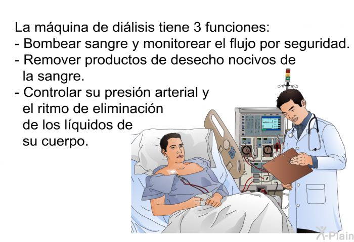 La mquina de dilisis tiene 3 funciones:  Bombear sangre y monitorear el flujo por seguridad. Remover productos de desecho nocivos de la sangre. Controlar su presin arterial y el ritmo de eliminacin de los lquidos de su cuerpo.