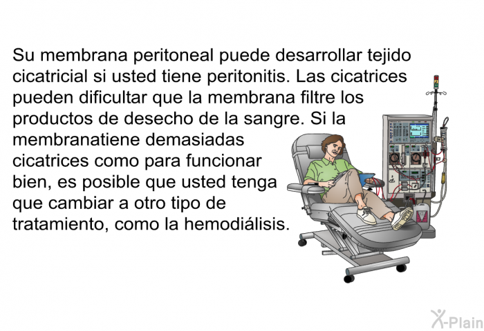 Su membrana peritoneal puede desarrollar tejido cicatricial si usted tiene peritonitis. Las cicatrices pueden dificultar que la membrana filtre los productos de desecho de la sangre. Si la membrana tiene demasiadas cicatrices como para funcionar bien, es posible que usted tenga que cambiar a otro tipo de tratamiento, como la hemodilisis.