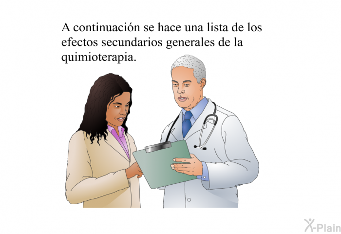 A continuacin se hace una lista de los efectos secundarios generales de la quimioterapia.