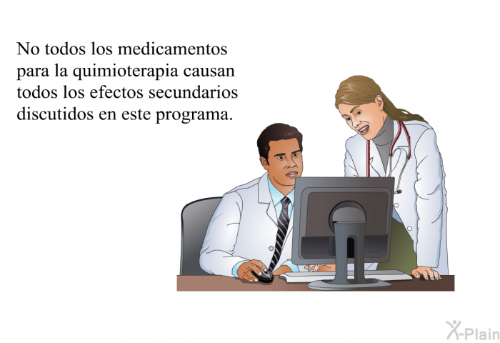 No todos los medicamentos para la quimioterapia causan todos los efectos secundarios discutidos en esta informacin acerca de su salud.