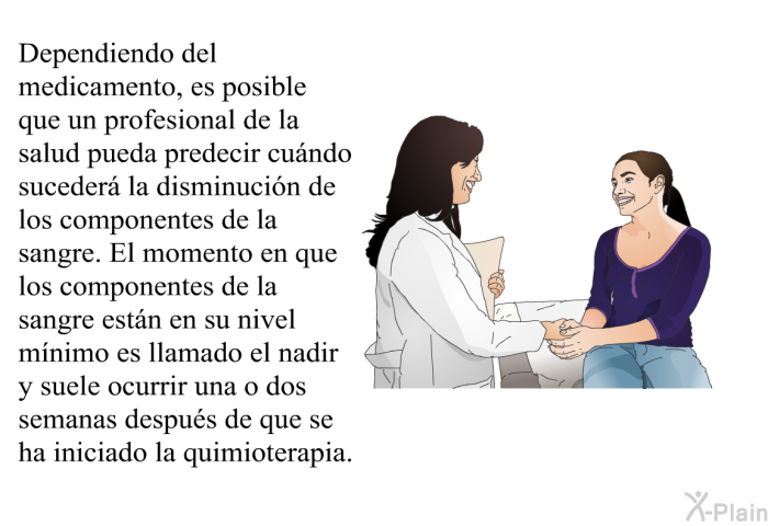 Dependiendo del medicamento, es posible que un profesional de la salud pueda predecir cundo suceder la disminucin de los componentes de la sangre. El momento en que los componentes de la sangre estn en su nivel mnimo es llamado el <I>nadir </I>y suele ocurrir una o dos semanas despus de que se ha iniciado la quimioterapia.