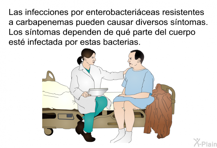 Las infecciones por enterobactericeas resistentes a carbapenemas pueden causar diversos sntomas. Los sntomas dependen de qu parte del cuerpo est infectada por estas bacterias.