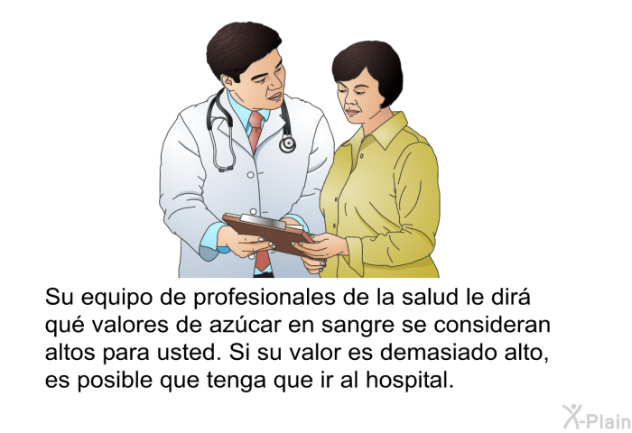 Su equipo de profesionales de la salud le dir qu valores de azcar en sangre se consideran altos para usted. Si su valor es demasiado alto, es posible que tenga que ir al hospital.