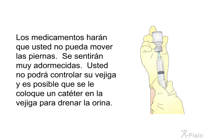 Los medicamentos harn que usted no pueda mover las piernas. Se sentirn muy adormecidas. Usted no podr controlar su vejiga y es posible que se le coloque un catter en la vejiga para drenar la orina.