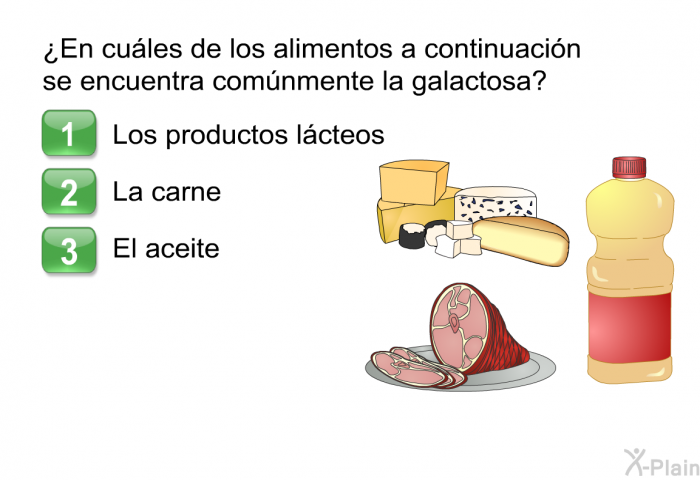 ¿En cules de los alimentos a continuacin se encuentra comnmente la galactosa?  Los productos lcteos La carne El aceite