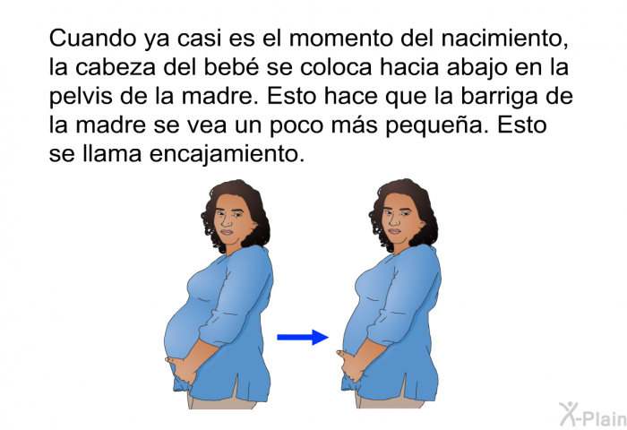 Cuando ya casi es el momento del nacimiento, la cabeza del beb se coloca hacia abajo en la pelvis de la madre. Esto hace que la barriga de la madre se vea un poco ms pequea. Esto se llama encajamiento.