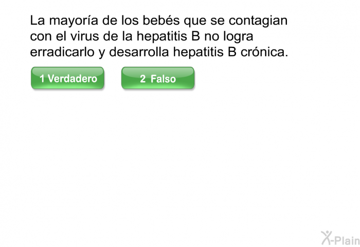 La mayora de los bebs que se contagian con el virus de la hepatitis B no logra erradicarlo y desarrolla hepatitis B crnica.