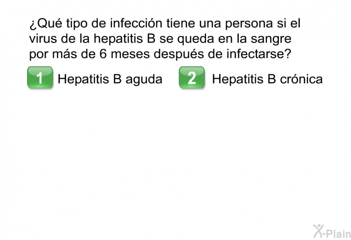 ¿Qu tipo de infeccin tiene una persona si el virus de la hepatitis B se queda en la sangre por ms de 6 meses despus de infectarse?  Hepatitis B aguda Hepatitis B crnica