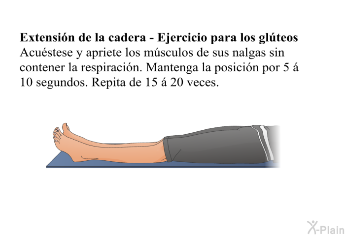 <B>Extensin de la cadera - Ejercicio para los glteos</B> Acustese y apriete los msculos de sus nalgas sin contener la respiracin. Mantenga la posicin por 5  10 segundos. Repita de 15  20 veces.