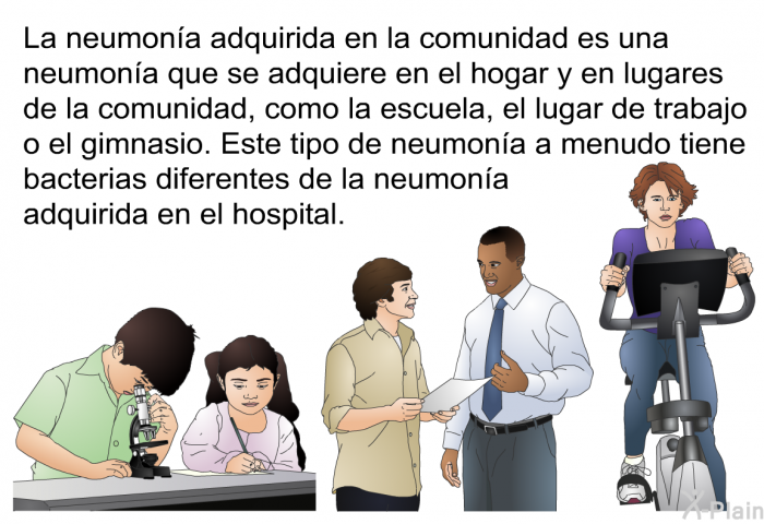 La neumona adquirida en la comunidad es una neumona que se adquiere en el hogar y en lugares de la comunidad, como la escuela, el lugar de trabajo o el gimnasio. Este tipo de neumona a menudo tiene bacterias diferentes de la neumona adquirida en el hospital.