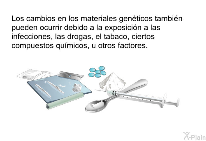 Los cambios en los materiales genticos tambin pueden ocurrir debido a la exposicin a las infecciones, las drogas, el tabaco, ciertos compuestos qumicos, u otros factores.