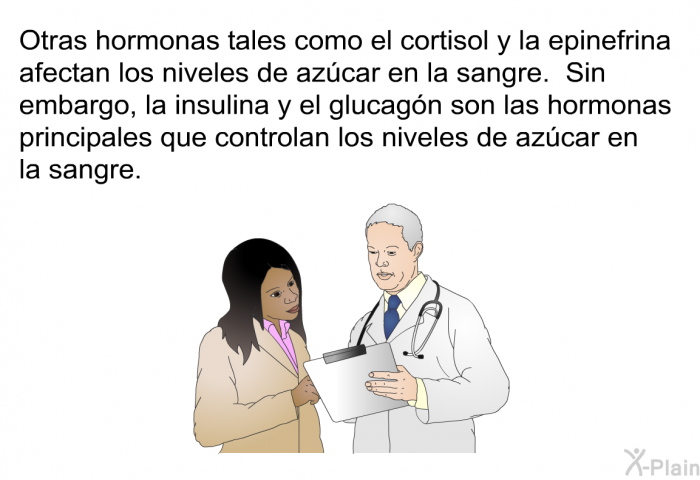 Otras hormonas tales como el cortisol y la epinefrina afectan los niveles de azcar en la sangre. Sin embargo, la insulina y el glucagn son las hormonas principales que controlan los niveles de azcar en la sangre.