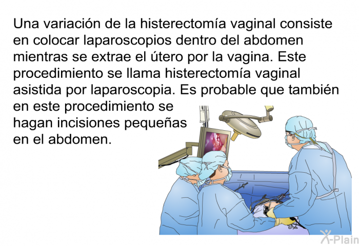 Una variacin de la histerectoma vaginal consiste en colocar laparoscopios dentro del abdomen mientras se extrae el tero por la vagina. Este procedimiento se llama histerectoma vaginal asistida por laparoscopia. Es probable que tambin en este procedimiento se hagan incisiones pequeas en el abdomen.