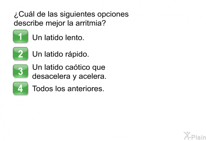 ¿Cul de las siguientes opciones describe mejor la arritmia?  Un latido lento. Un latido rpido. Un latido catico que desacelera y acelera. Todos los anteriores.