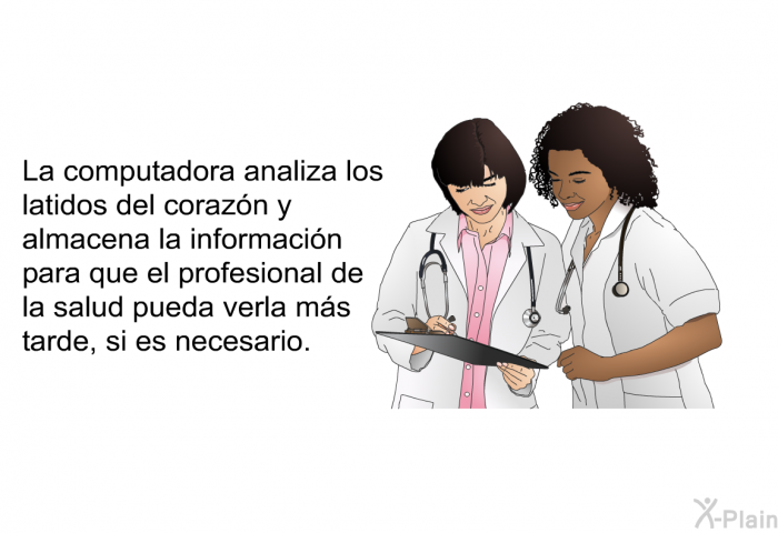 La computadora analiza los latidos del corazn y almacena la informacin para que el profesional de la salud pueda verla ms tarde, si es necesario.