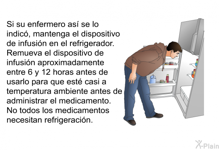 Si su enfermero as se lo indic, mantenga el dispositivo de infusin en el refrigerador. Remueva el dispositivo de infusin aproximadamente entre 6 y 12 horas antes de usarlo para que est casi a temperatura ambiente antes de administrar el medicamento. No todos los medicamentos necesitan refrigeracin.