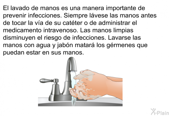 El lavado de manos es una manera importante de prevenir infecciones. Siempre lvese las manos antes de tocar la va de su catter o de administrar el medicamento intravenoso. Las manos limpias disminuyen el riesgo de infecciones. Lavarse las manos con agua y jabn matar los grmenes que puedan estar en sus manos.