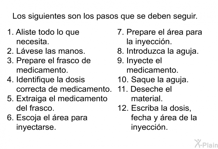 Los siguientes son los pasos que se deben seguir.  Aliste todo lo que necesita. L�vese las manos. Prepare el frasco de medicamento. Identifique la dosis correcta de medicamento. Extraiga el medicamento del frasco. Escoja el �rea para inyectarse. Prepare el �rea para la inyecci�n. Introduzca la aguja. Inyecte el medicamento. Saque la aguja. Deseche el material. Escriba la dosis, fecha y �rea de la inyecci�n.